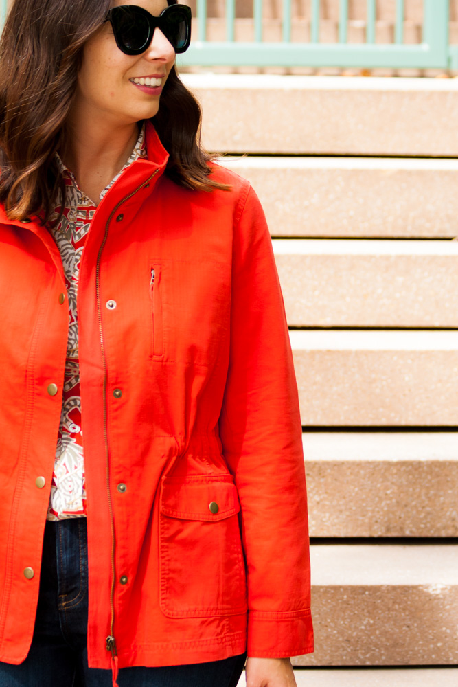 woman smiling and wearing Talbots Field Jacket