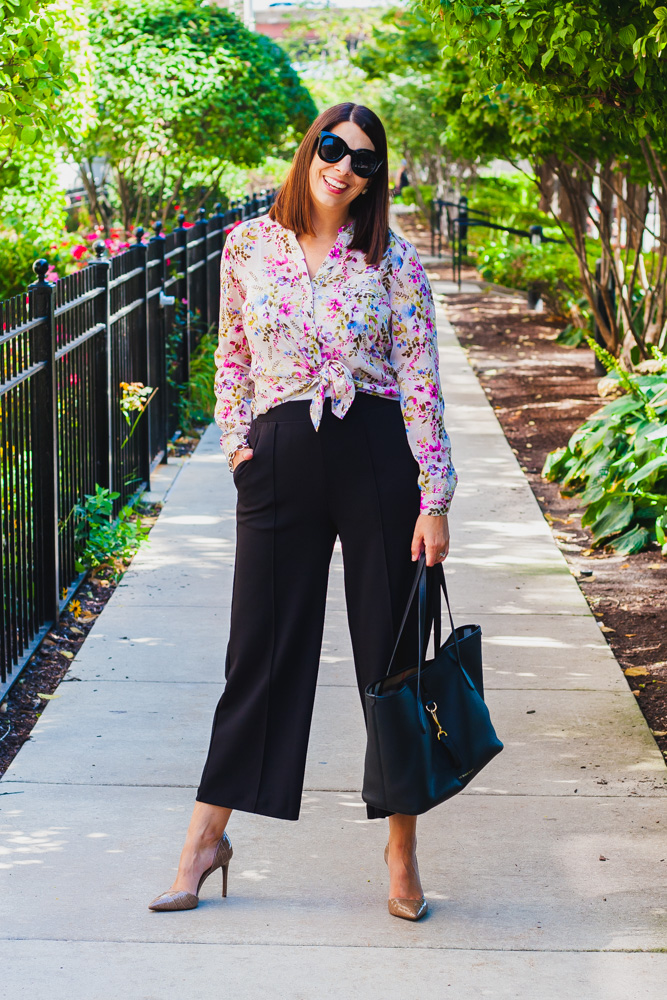 woman wearing Wide Leg Pants and floral top