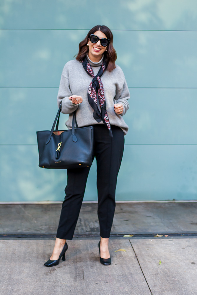 woman wearing Lea Sweater + Colby Joggers + Heels + Silk Scarf + Tote