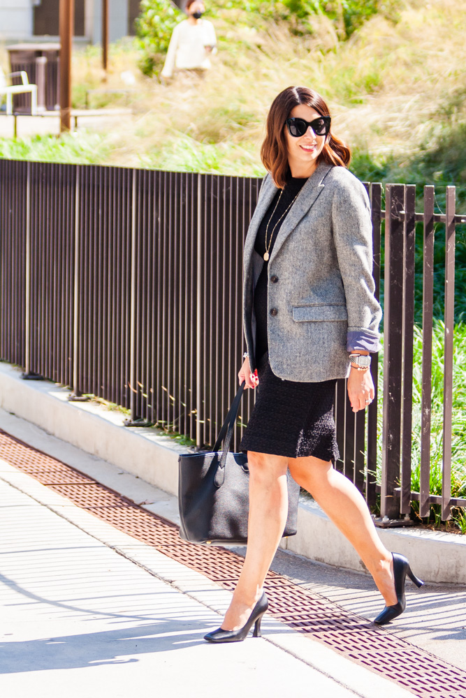 woman wearing sommerset blazer four ways with skirt