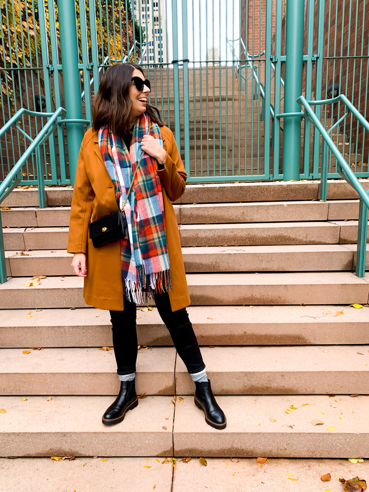 woman sharing how to style chelsea boots and wearing coat and scarf 