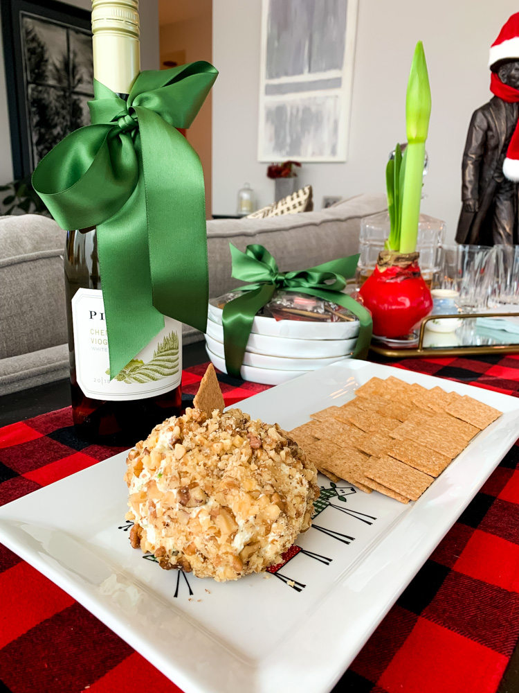 crackers, wine, and cheese ball 