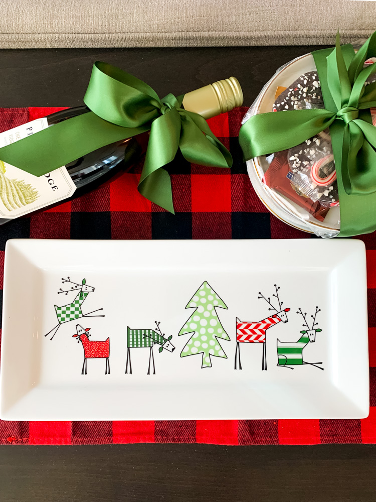 wine, food, and rectangular plate for hostess gifts for holiday parties