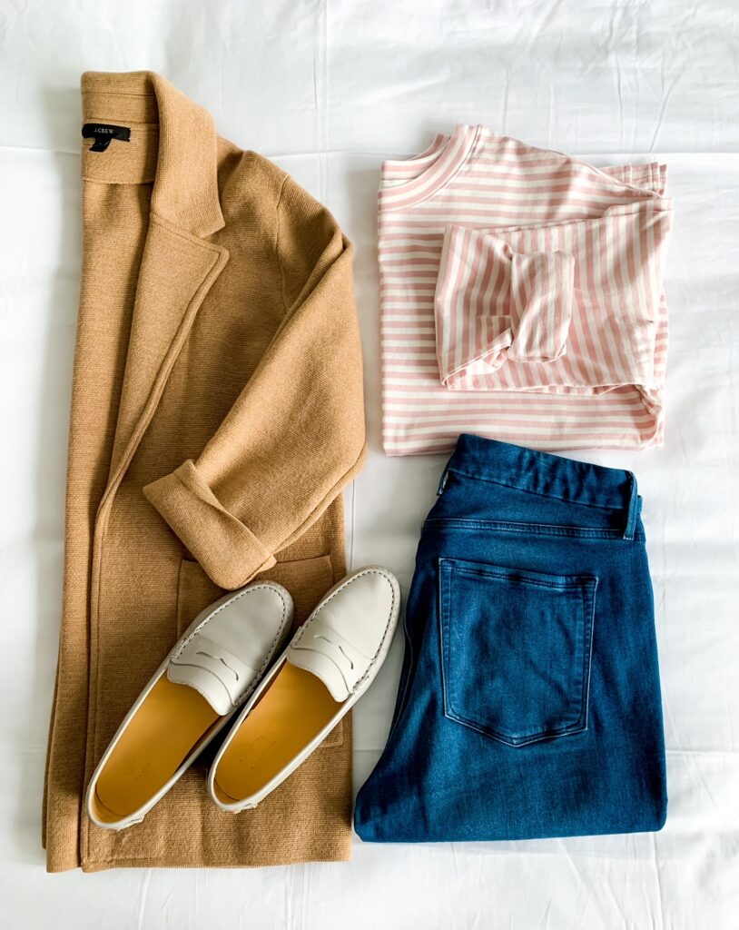 Spring Outfit Inspiration jeans, striped top, and jacket