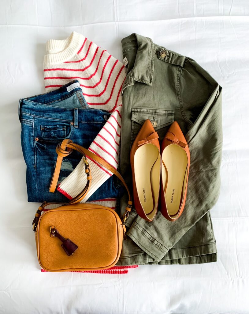 Spring Outfit Inspiration jeans, striped sweater, and navy green jacket