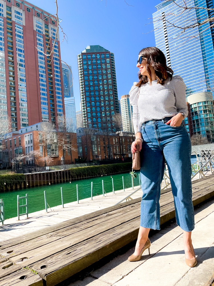 Woman wearing straight leg denim jeans