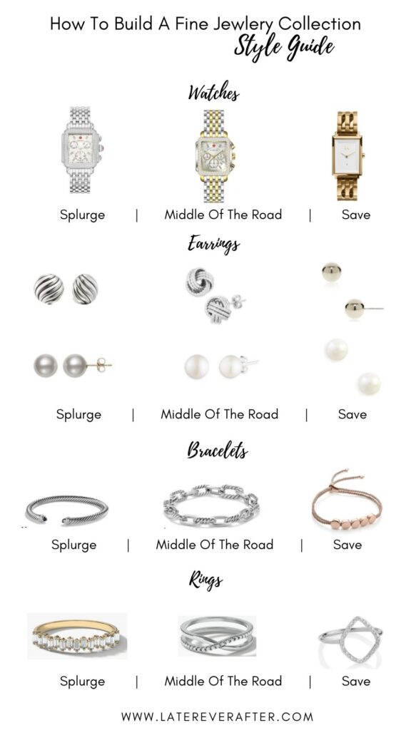 collage of fine jewelry collection including watch, earrings, and bracelets
