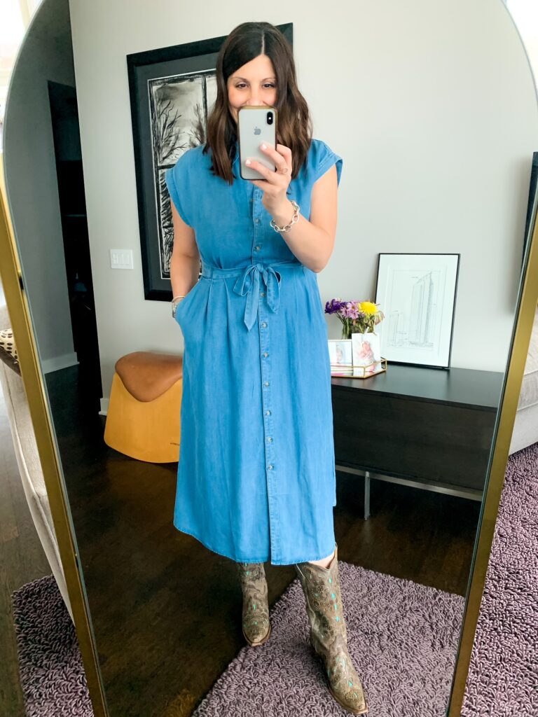 woman wearing denim spring dresses