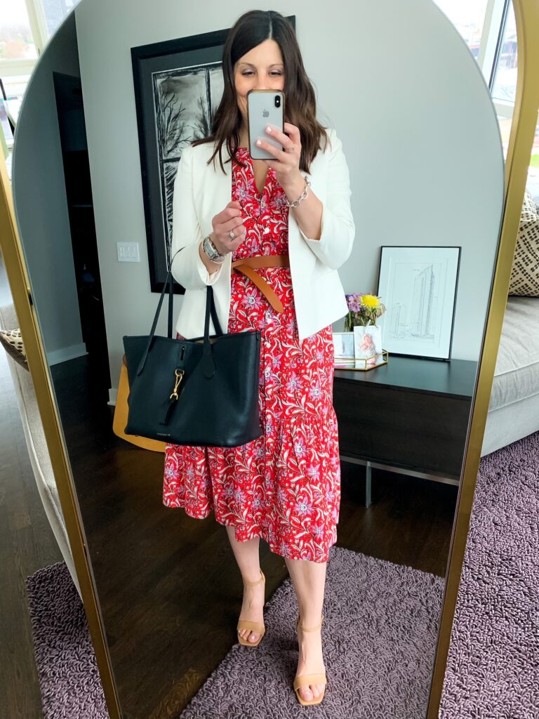 one of the three ways to style a floral dress for work