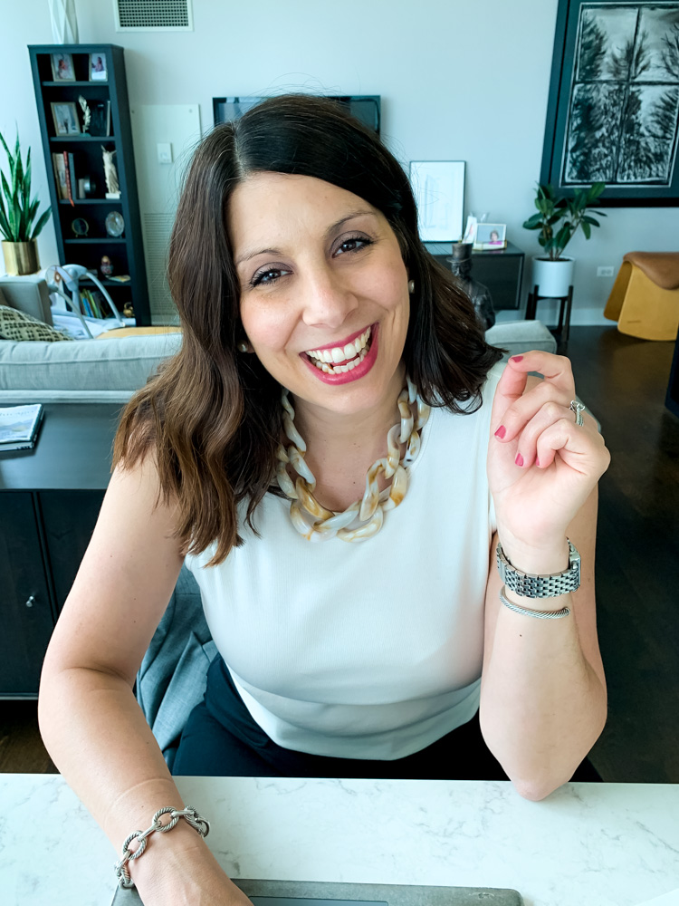 woman wearing work from home uniform and a necklace 