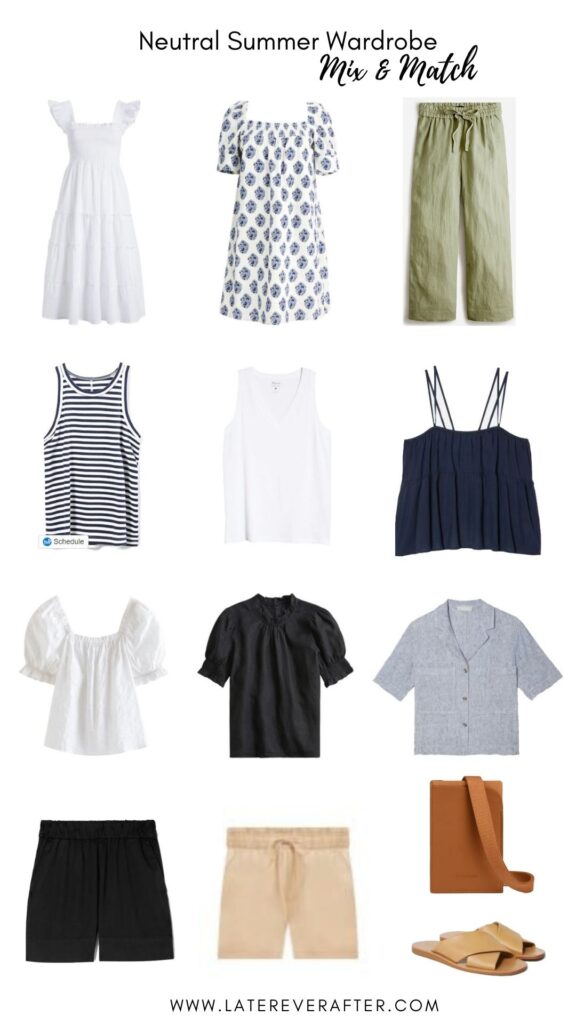 collage of clothing items in neutral summer wardrobe
