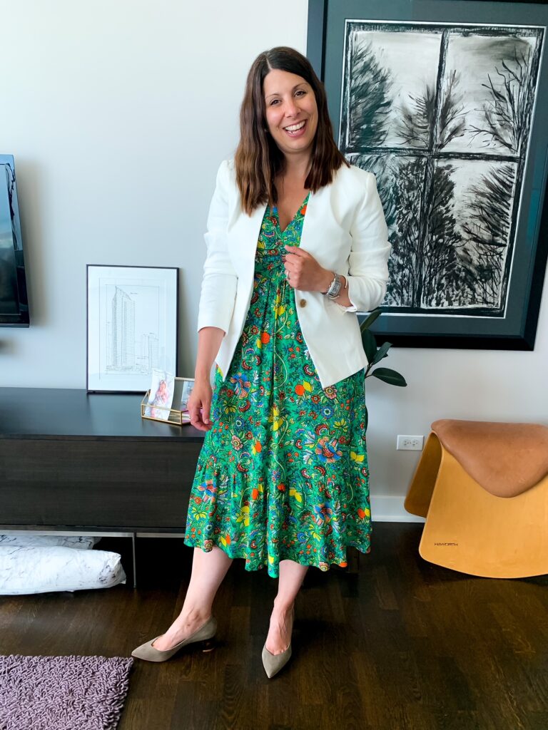 woman smiling and wearing a green pattern dress with a White Blazer For Work