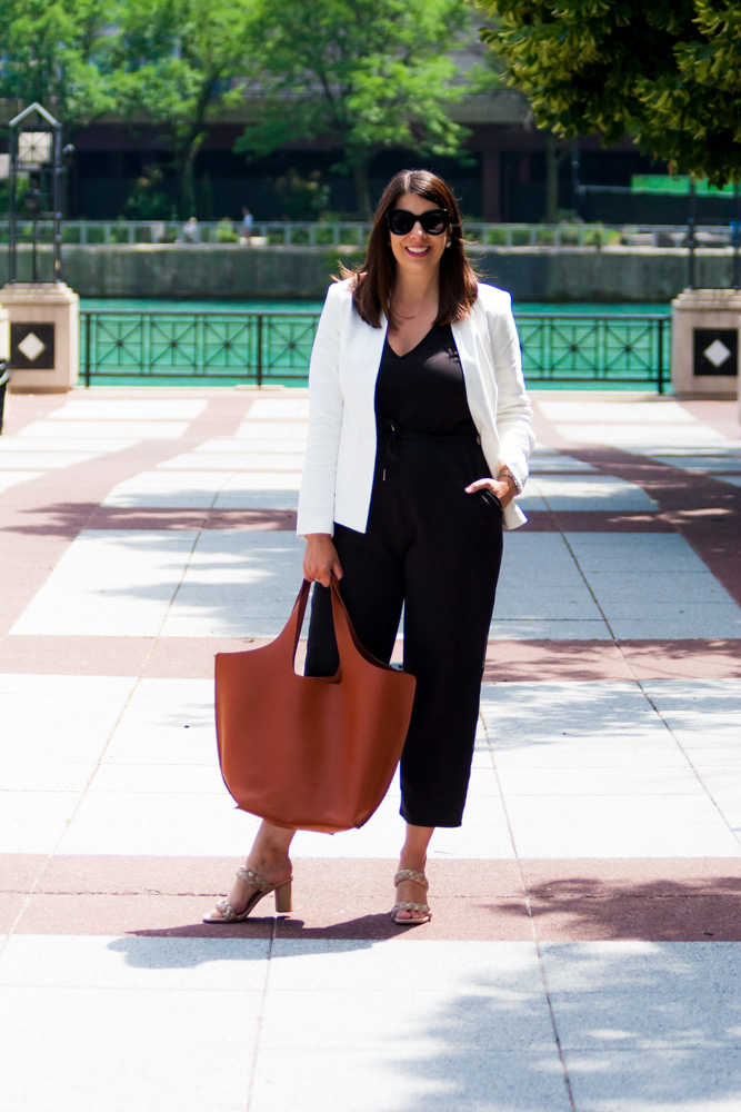 woman modeling her work tote under $300