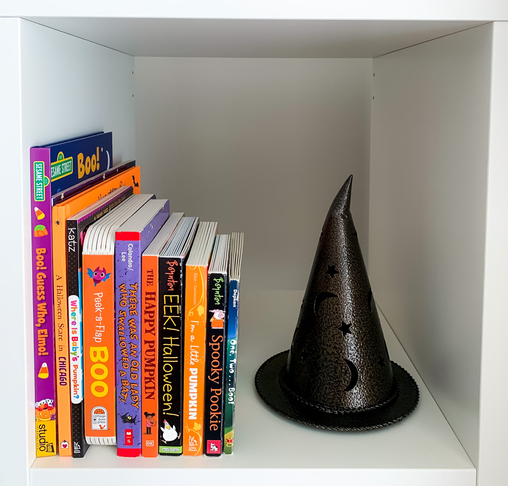 kids halloween books on a shelf