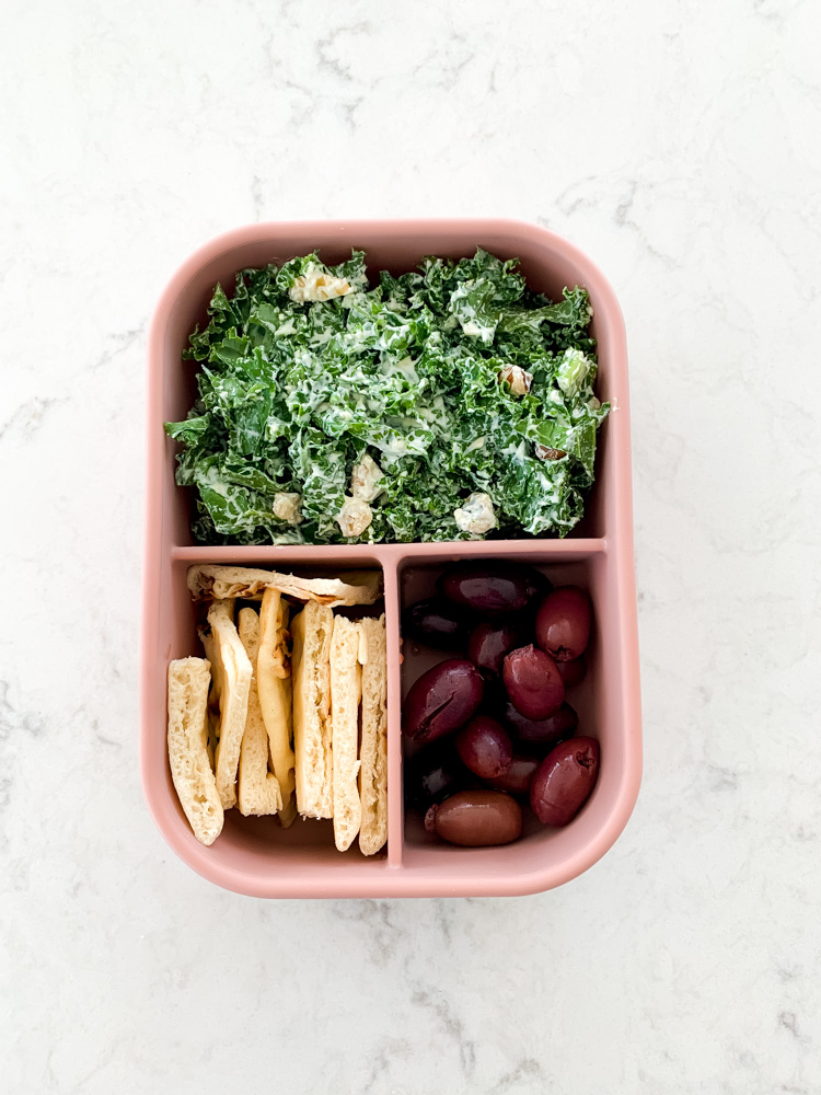 bento box work lunch with a kale salad
