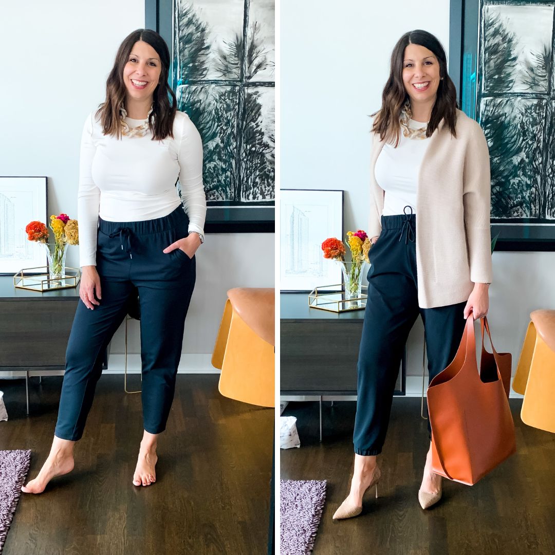 woman in black pants. white top, and blazer for wfh to office looks