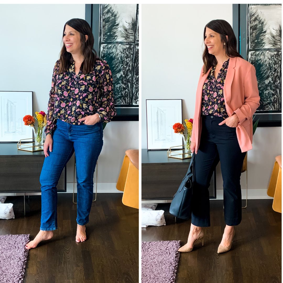 woman showing her wfh to office look