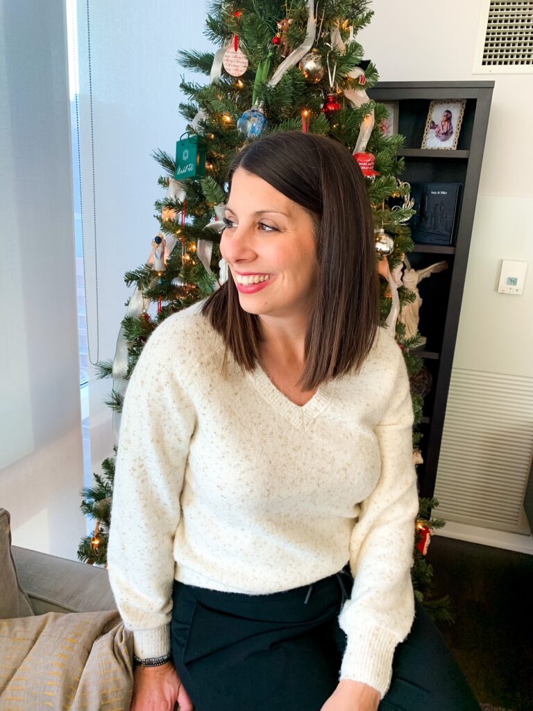 woman in one of her festive holiday outfits