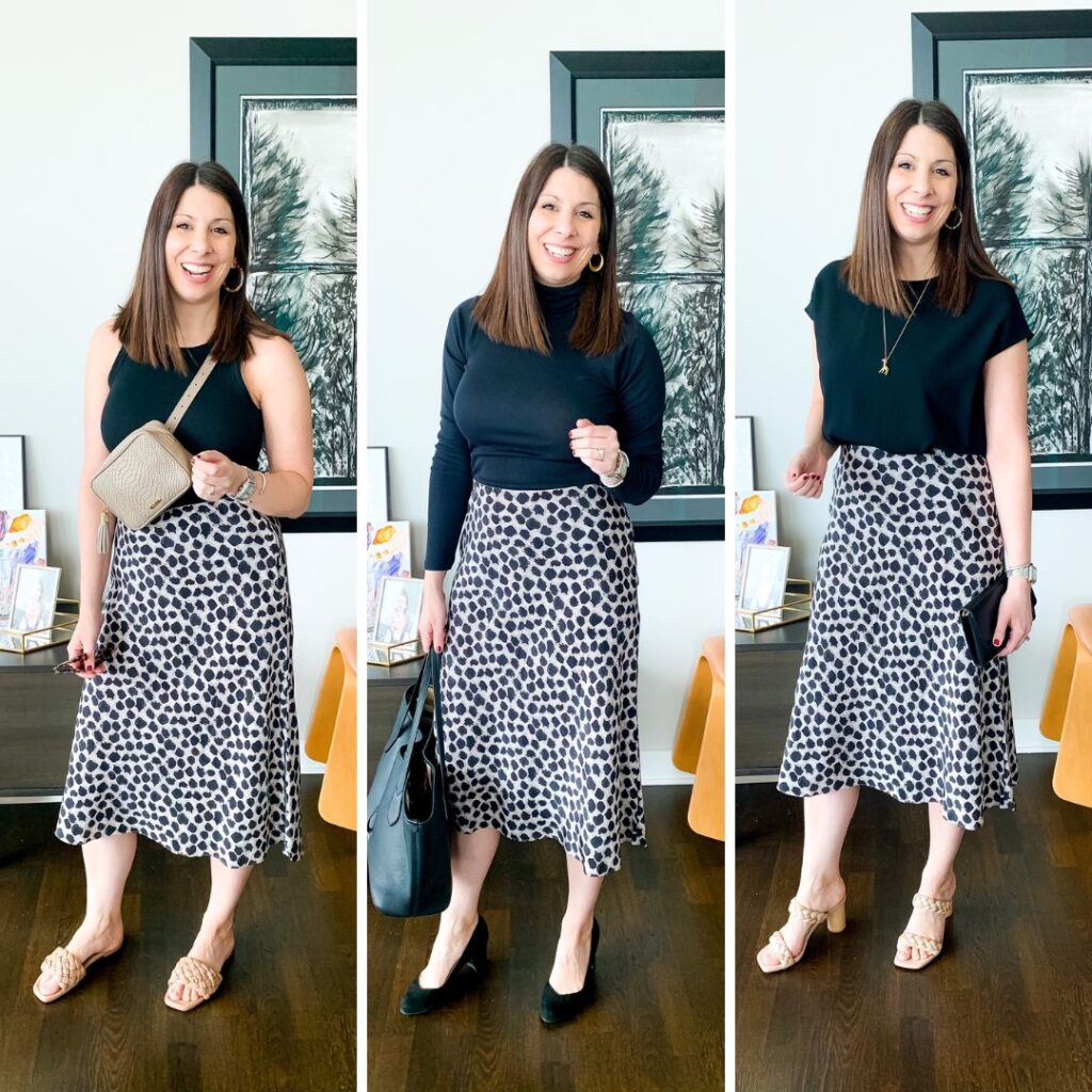 woman showing how to style a silk skirt three ways
