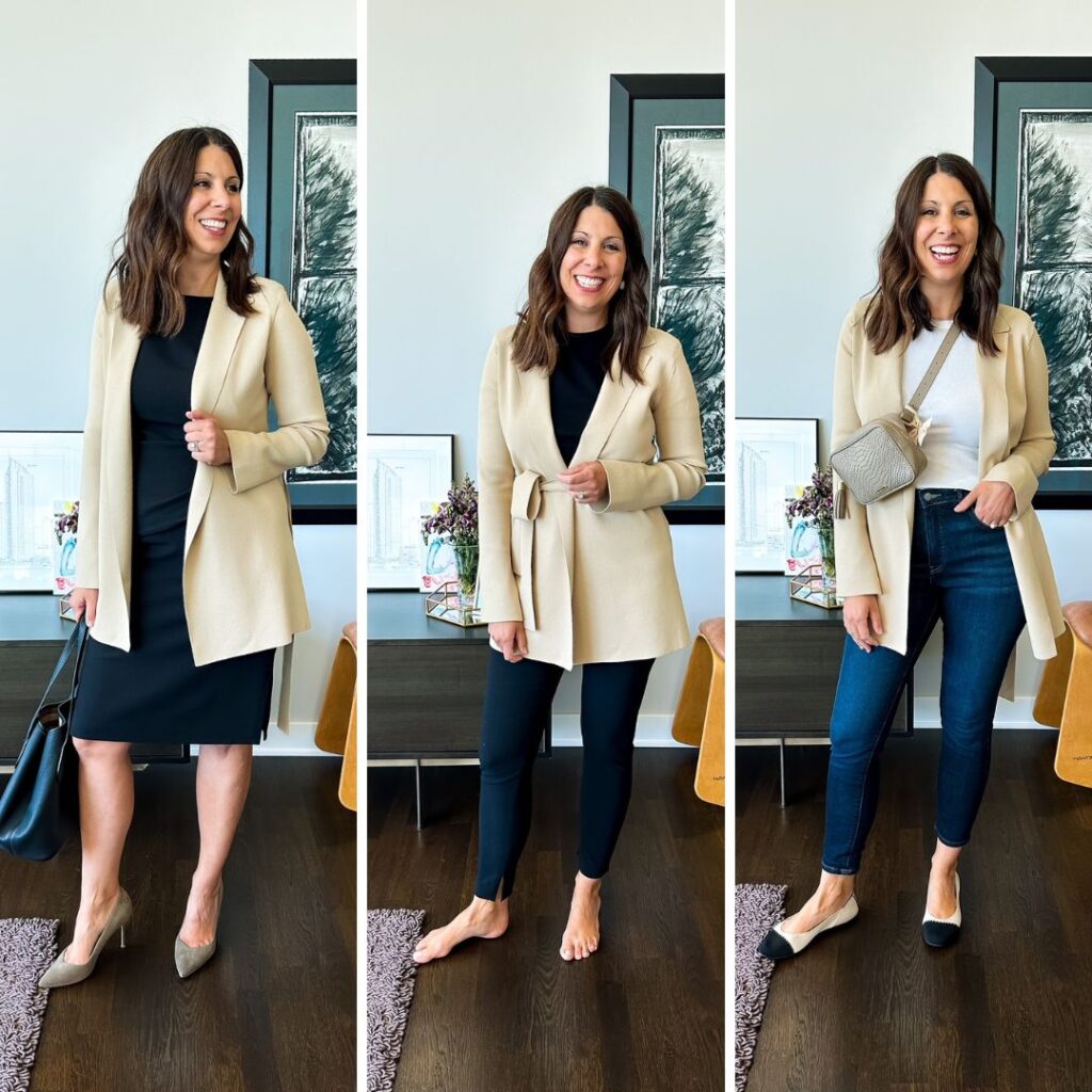 display of three ways to wear the merritt jardigan