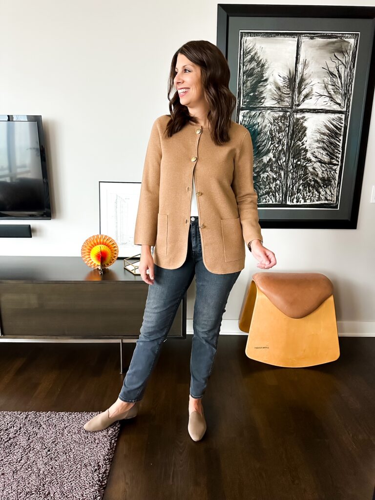 thanksgiving day outfit for moms, sweater blazer