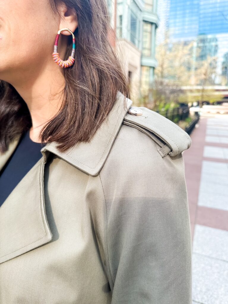 Close-up of trench fabric and stitching details