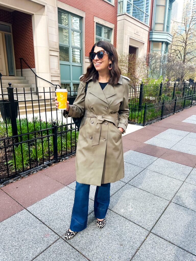 Full-body shot wearing Sézane Scott Trench with ballet flats