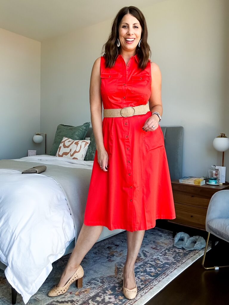 Woman wearing UNTUCKit Cordelia dress with white sneakers; Cordelia dress waist detail with tie belt