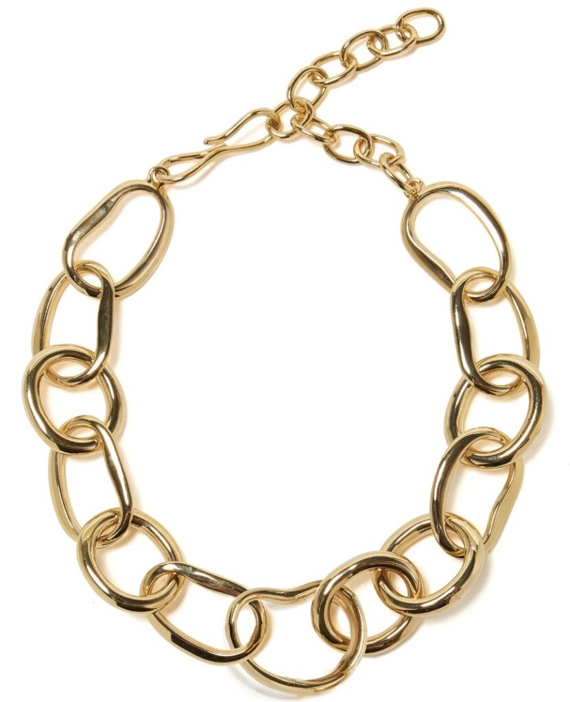 Gold chain statement necklace styled over a black turtleneck sweater for fall