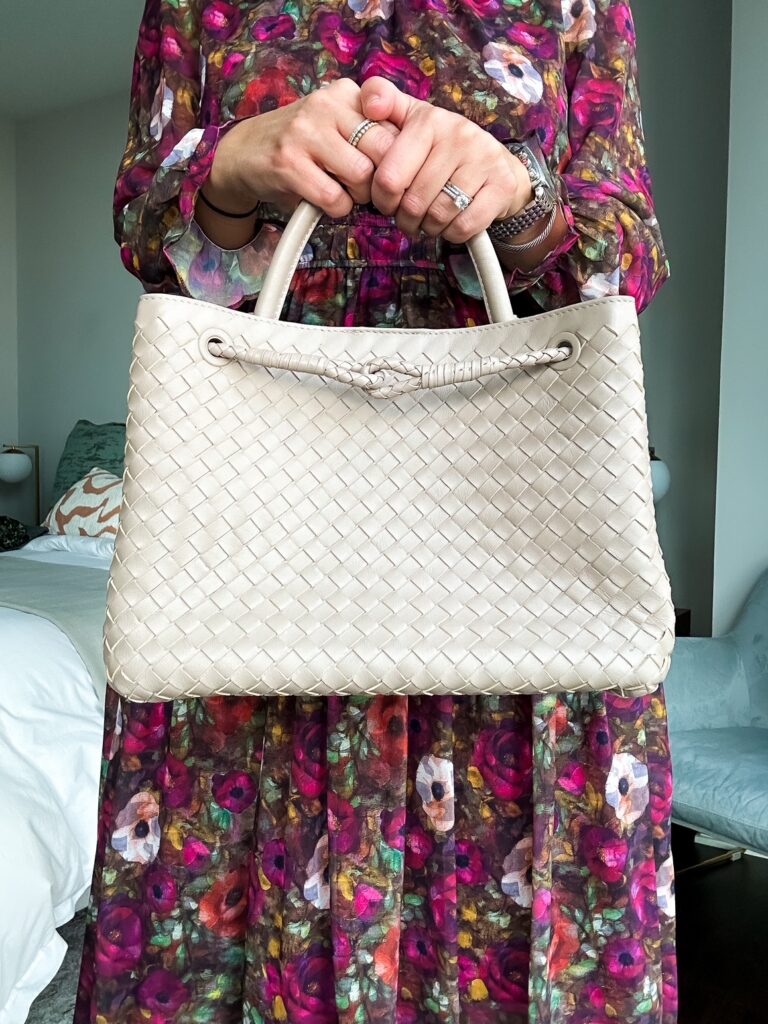 Close-up of Quince Italian Leather Handwoven Satchel handwoven leather detail 