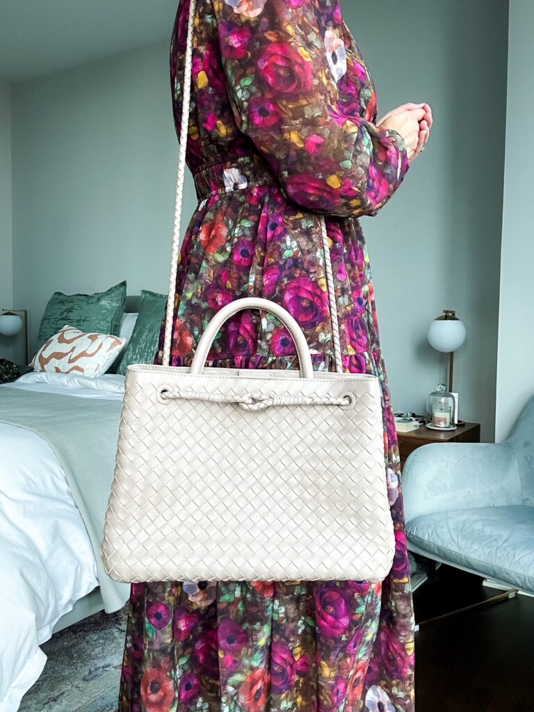 Quince Italian Leather Handwoven Satchel in black styled with workwear outfit