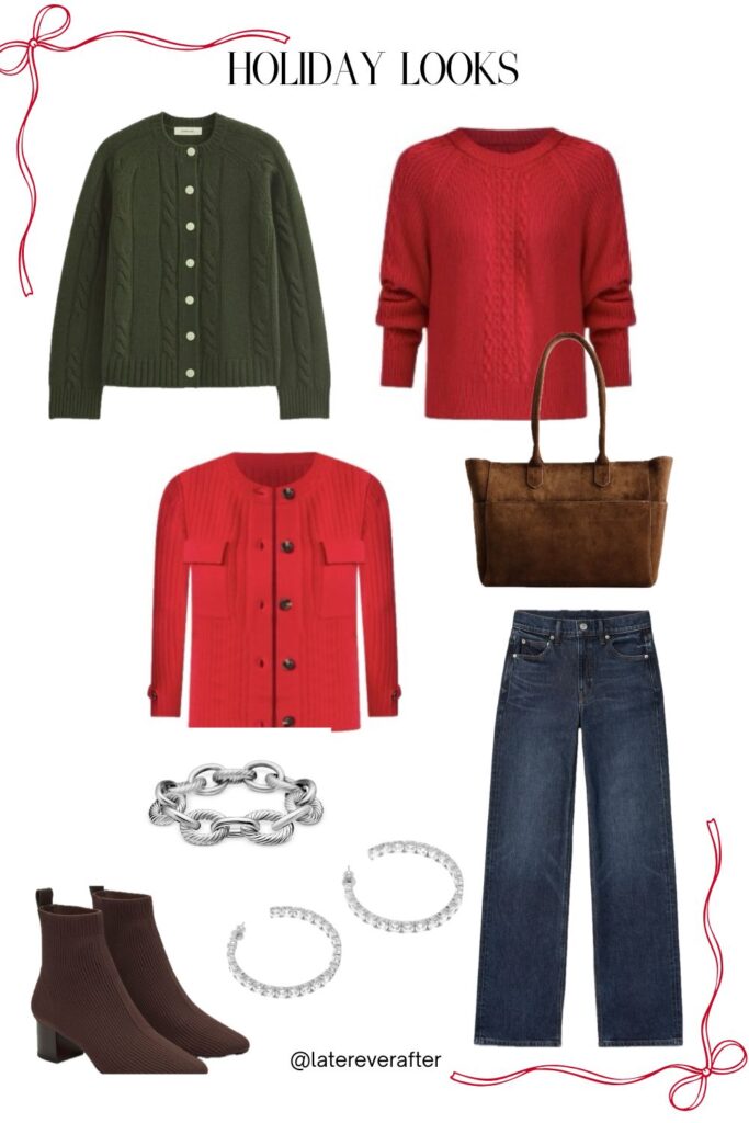 Woman wearing dark jeans and a winter sweater styled for a casual holiday outfit