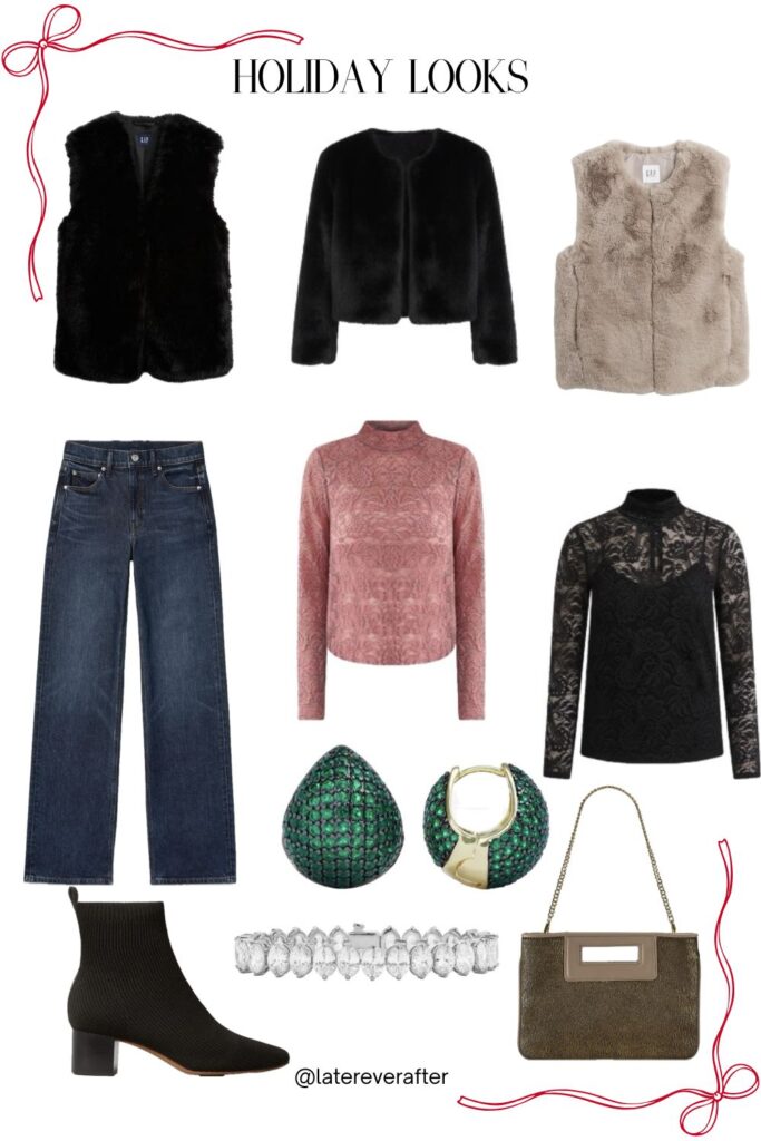 Holiday outfit featuring a velvet blazer paired with faux fur accessories