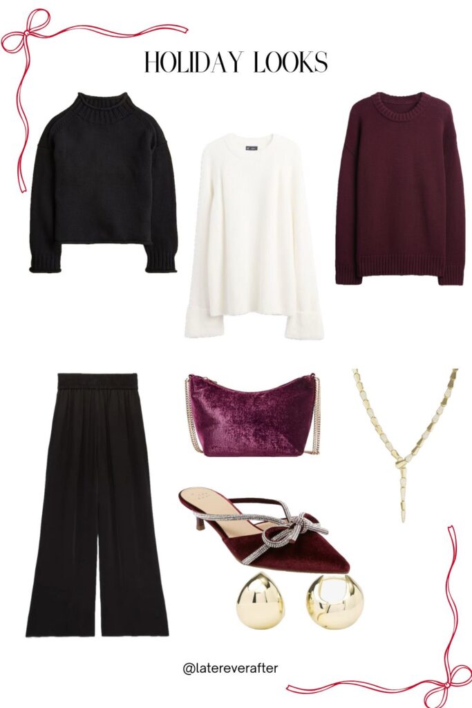 Wide-leg satin pants styled with a knit top for a modern holiday outfit