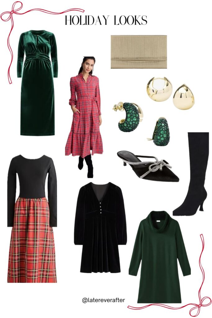 festive holiday dress in jewel tones styled with heels and statement earrings