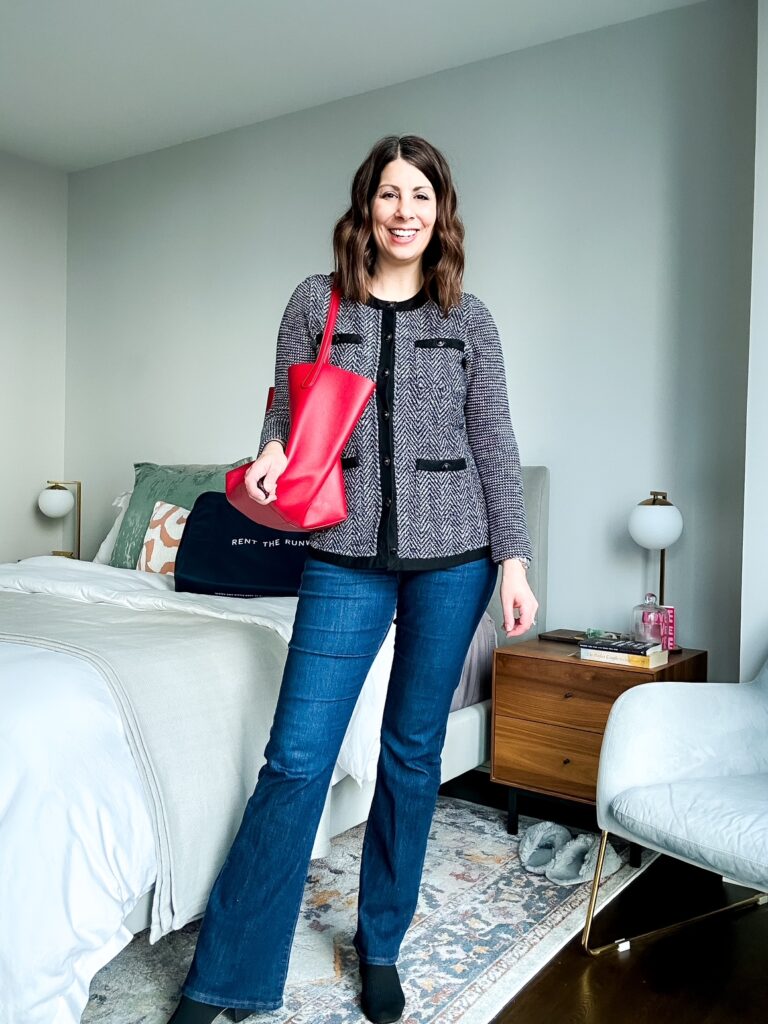 Professional office outfit for midlife woman wearing rental designer blazer