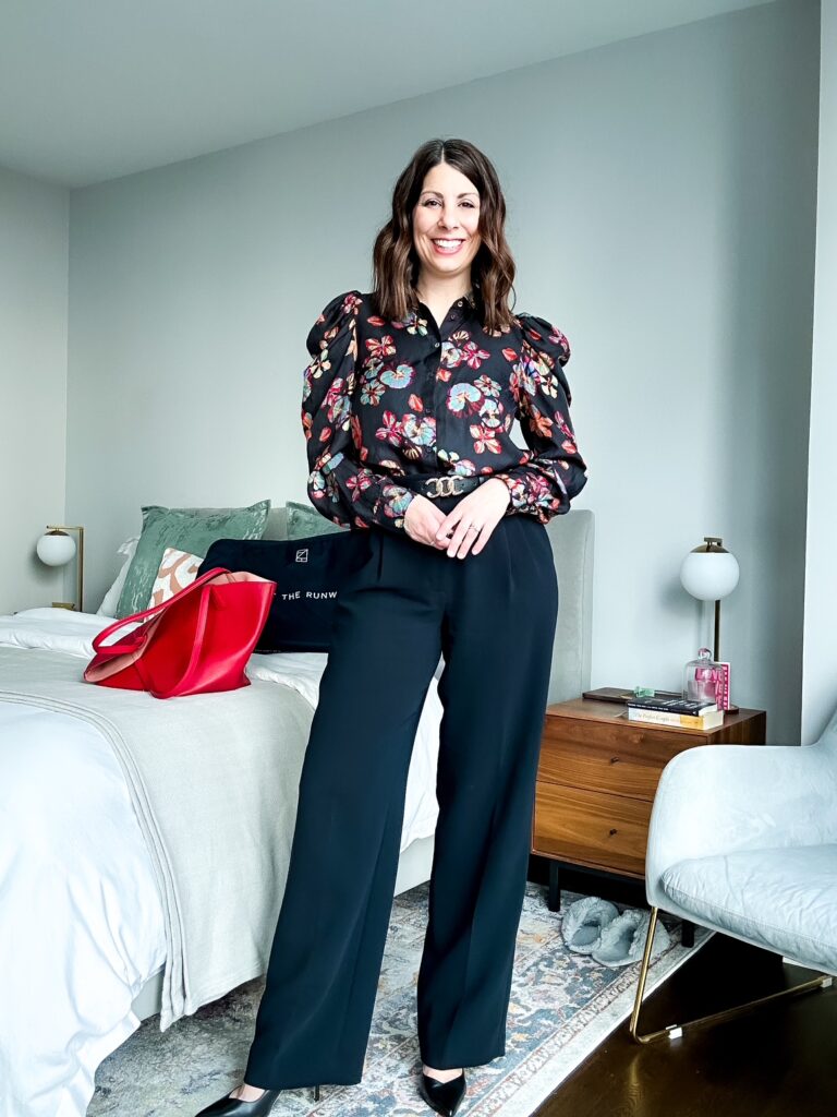 Rent the Runway workwear outfit styled with neutral pumps and leather tote