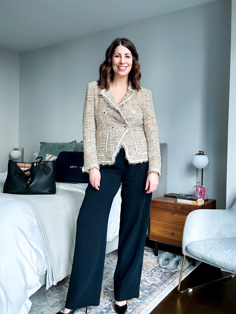 Professional office outfit for midlife woman wearing rental designer blazer