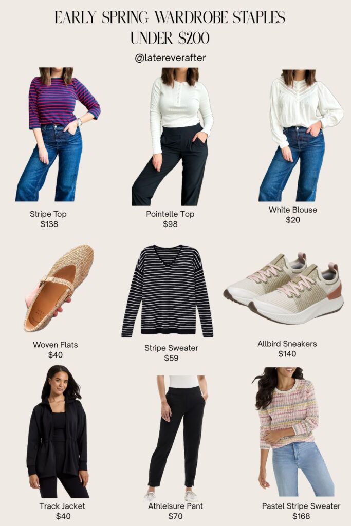 early spring wardrobe staples for women over 40 including striped top, white blouse, jeans, and woven flats