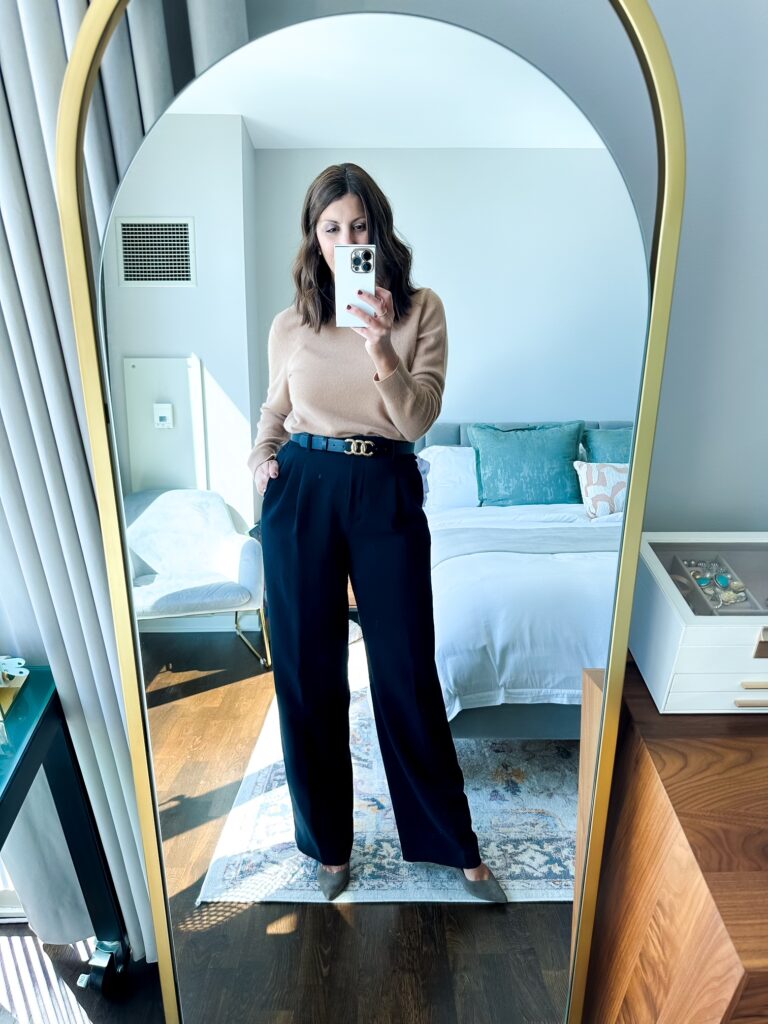 woman wearing the quince cashmere crew neck sweater