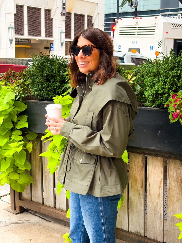 funnel neck green jacket for women this fall