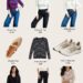 early spring wardrobe staples for women over 40 including striped top, white blouse, jeans, and woven flats